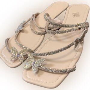 Size 12.5 NWT Beige Butterfly Rhinestone Square-toe Sandals Women / New Shoes